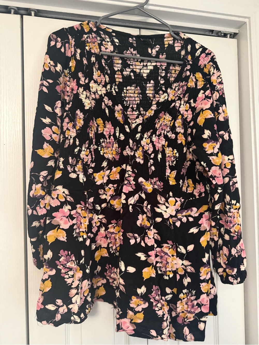 torrid Black Floral V-Neck Smocked Tunic with Pink & Mustard Blooms
